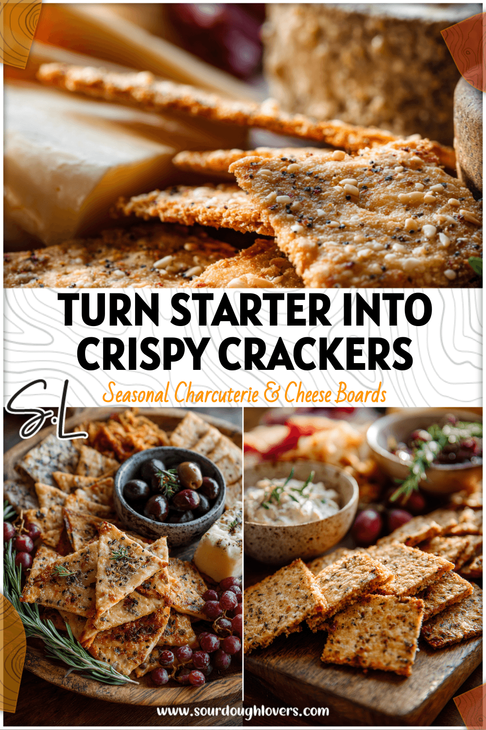 Assorted sourdough crackers made from starter discard served with dips and cheeses on a rustic wooden platter